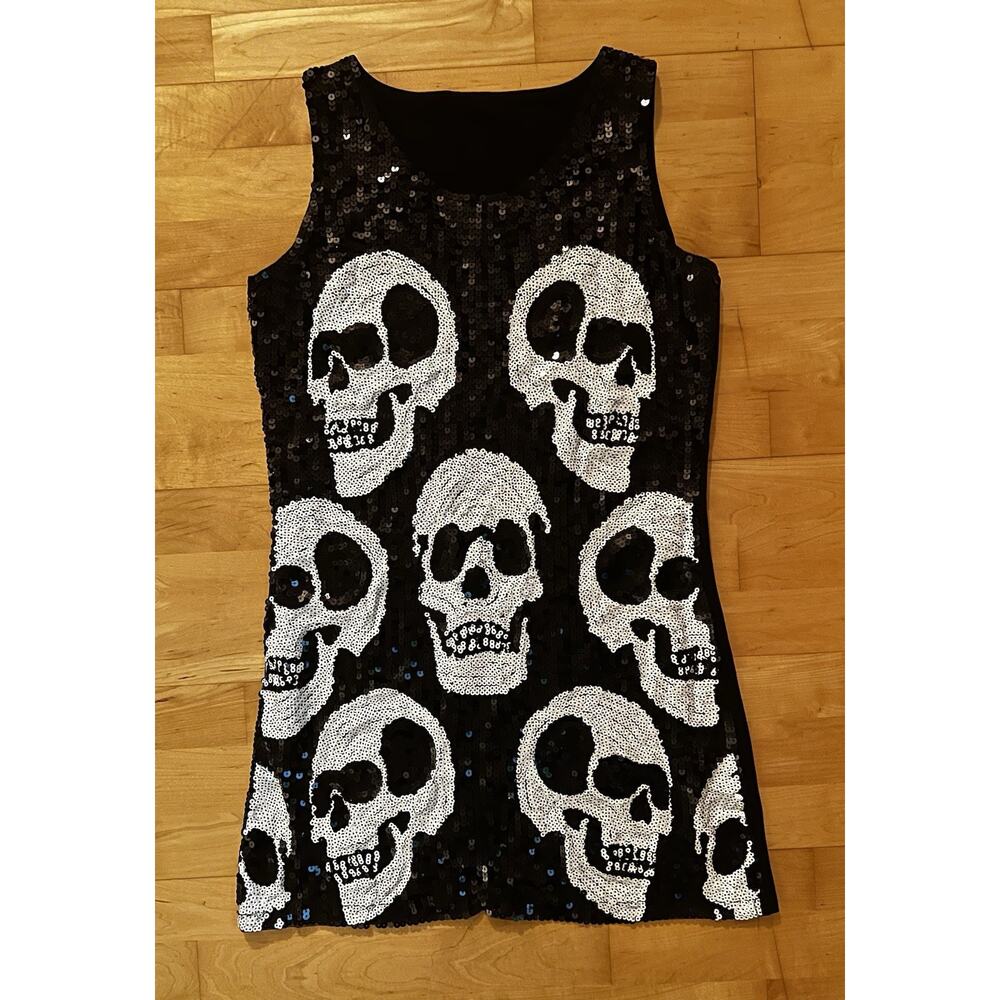 Forum Novelty Sequin Black White Skull Mini Dress XS Day Of The Dead Halloween
